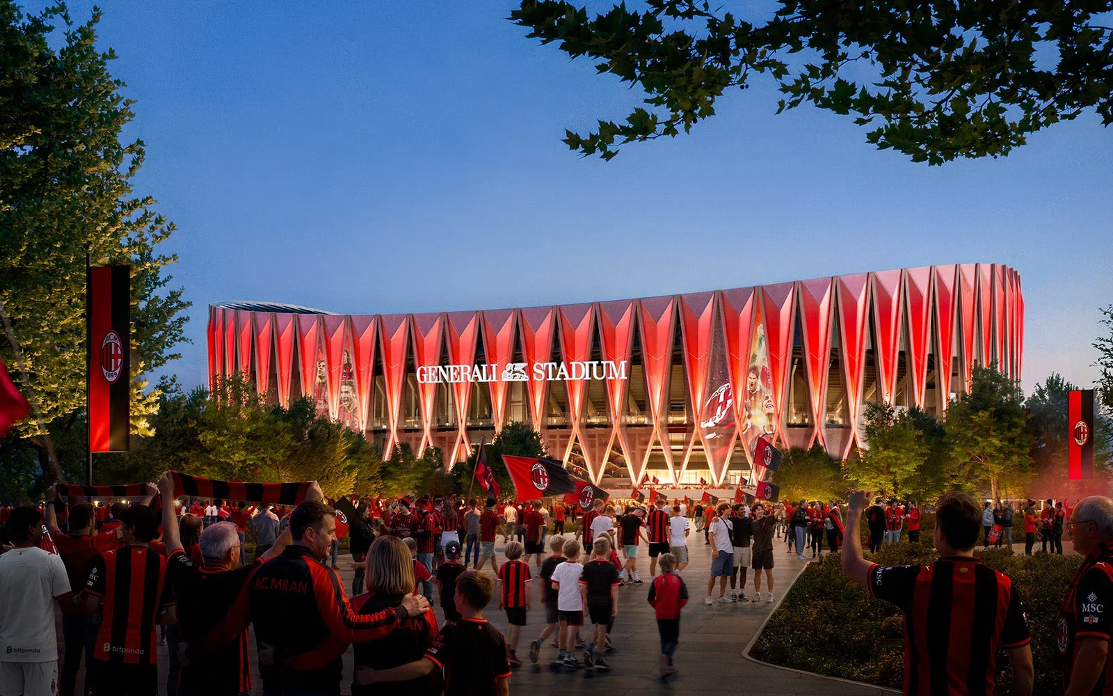 Rendering dei tifosi del Milan in arrivo al Generali Stadium, illuminato di rosso